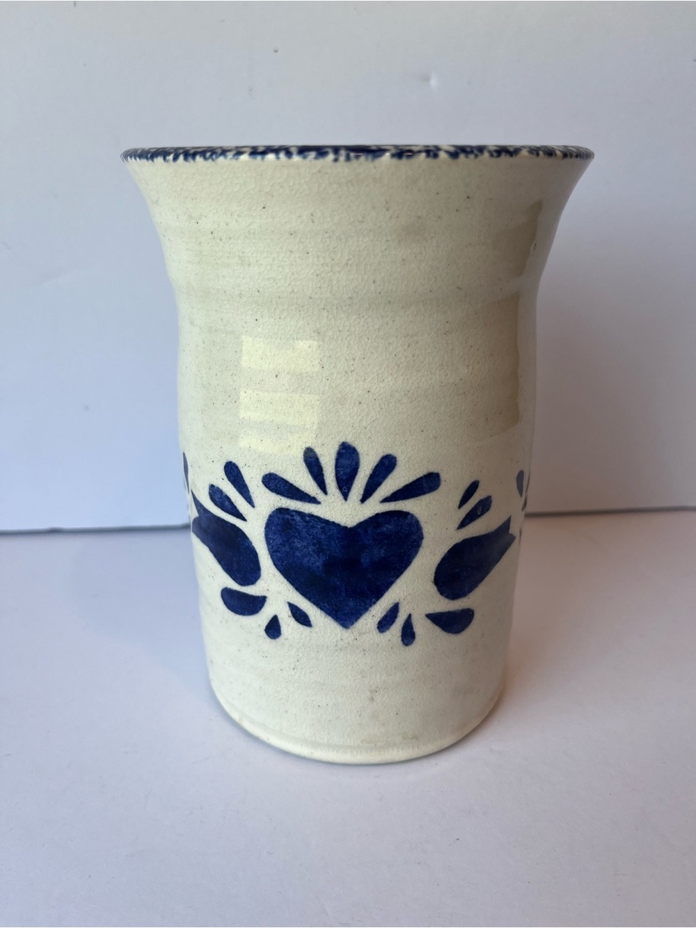 Vintage Pottery Stoneware Blue Heart Vase Country Farmhouse Cottagecore